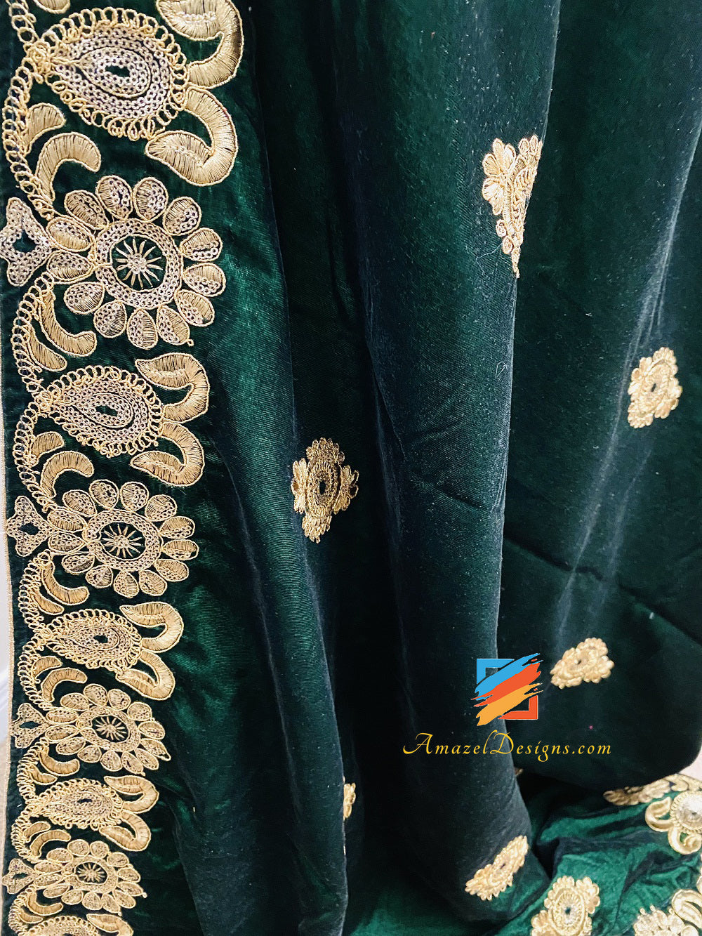 Green Tilla Thread Work Velvet Shawl