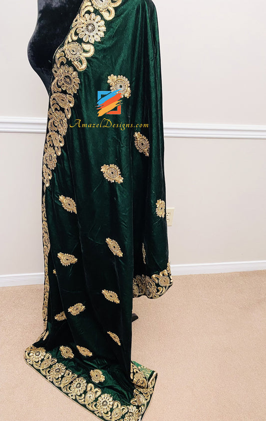 Green Tilla Thread Work Velvet Shawl