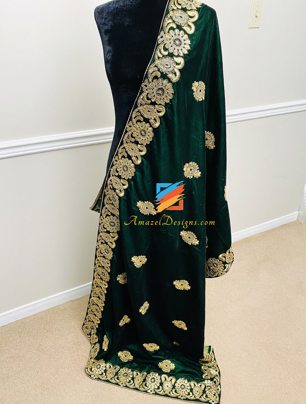 Green Tilla Thread Work Velvet Shawl