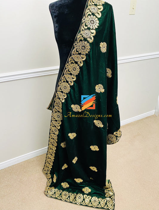 Green Tilla Thread Work Velvet Shawl