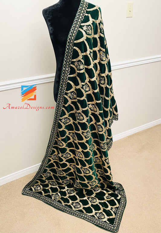 Green Velvet Shawl All Over Tilla Sitara Work