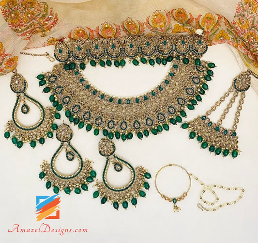 Green (Emerald) Polki Bridal Necklace Choker Earrings Tikka and Passa Set