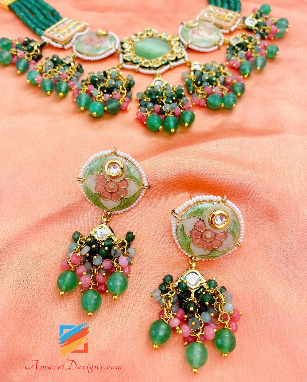 Green (Emerald) Hand Painted Meenakari Necklace Earrings Set