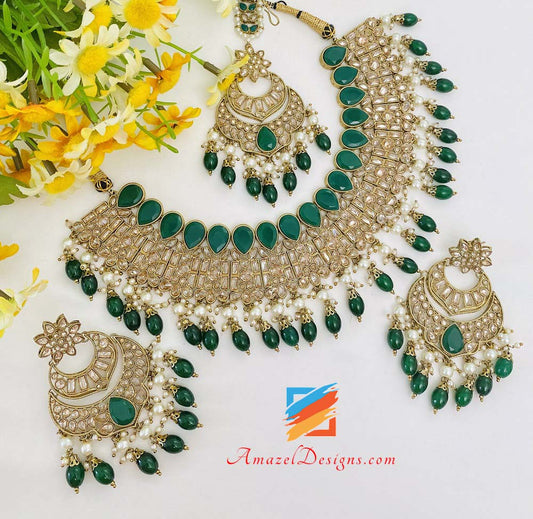 Green (Emerald) High Quality Polki Monalisa Necklace Earrings Tikka Set