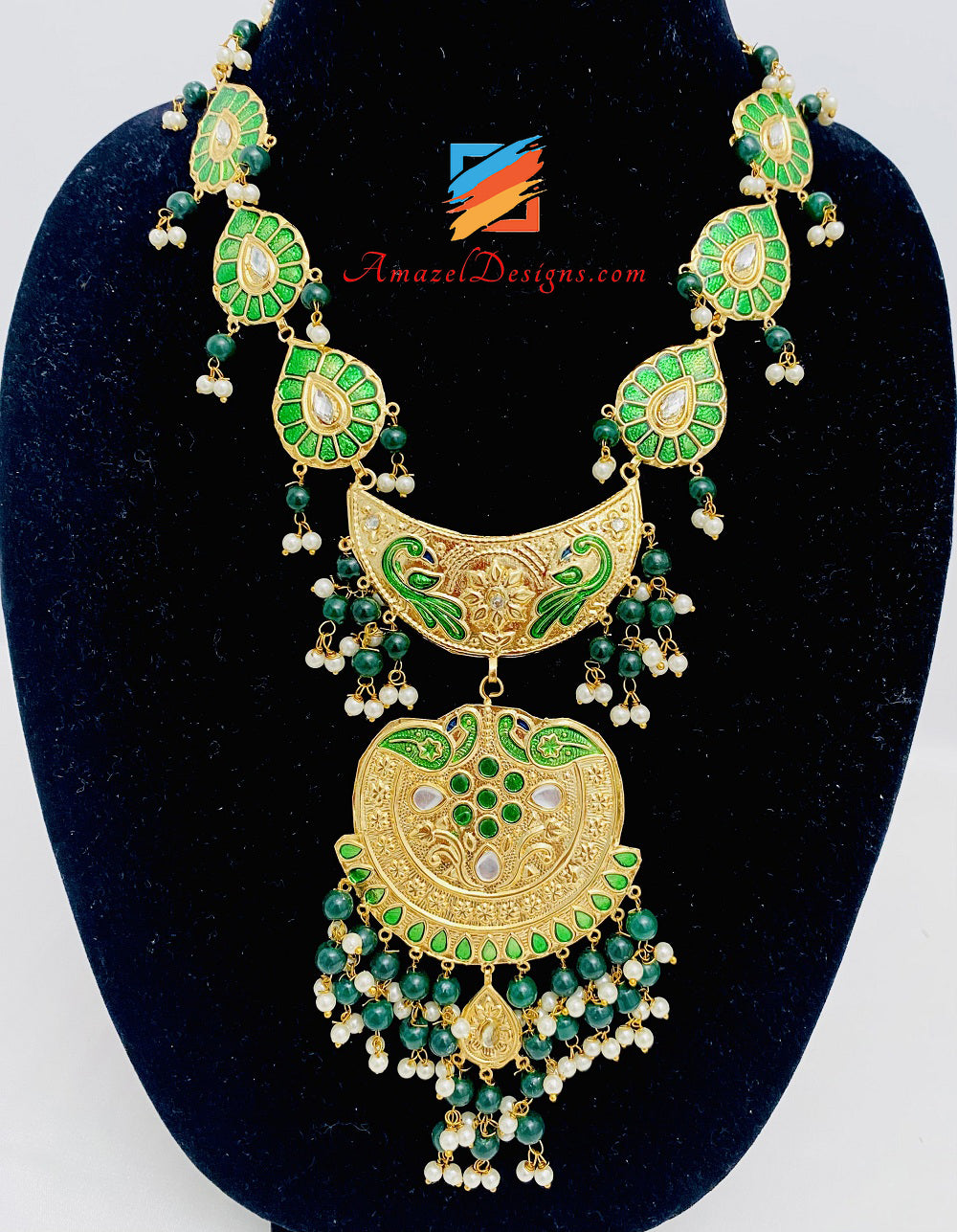 Green (Emerald) Morni Kundan Meenakari Extremely Lightweight Long Haar Earrings Tikka Set