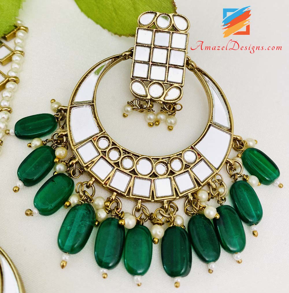 Green (Emerald) Lightweight Sheesha Earrings Tikka Set