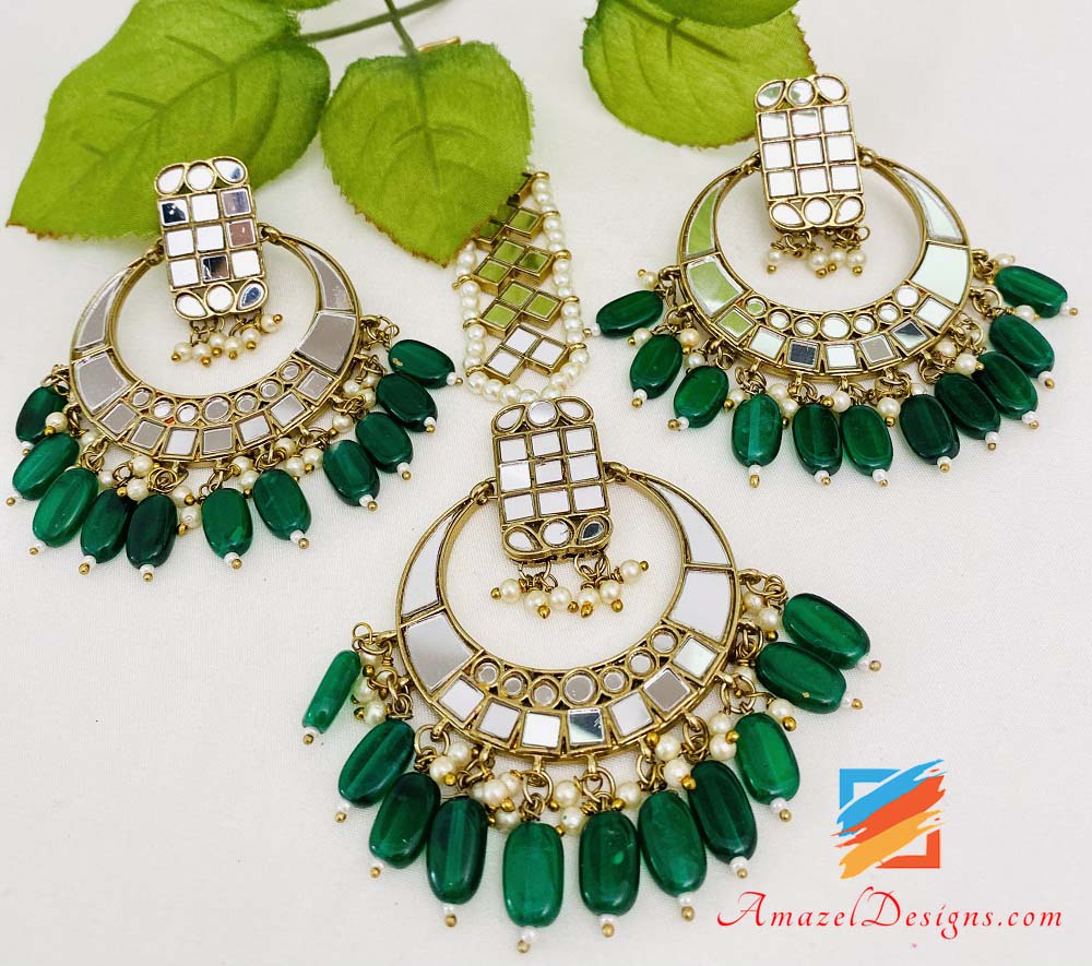 Green (Emerald) Lightweight Sheesha Earrings Tikka Set