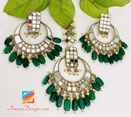 Green (Emerald) Lightweight Sheesha Earrings Tikka Set