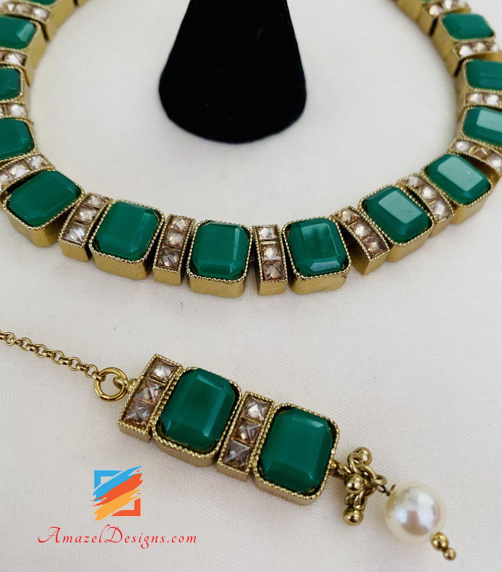 Green “Emerald” Monalisa Choker Necklace Jhumki Tikka Set