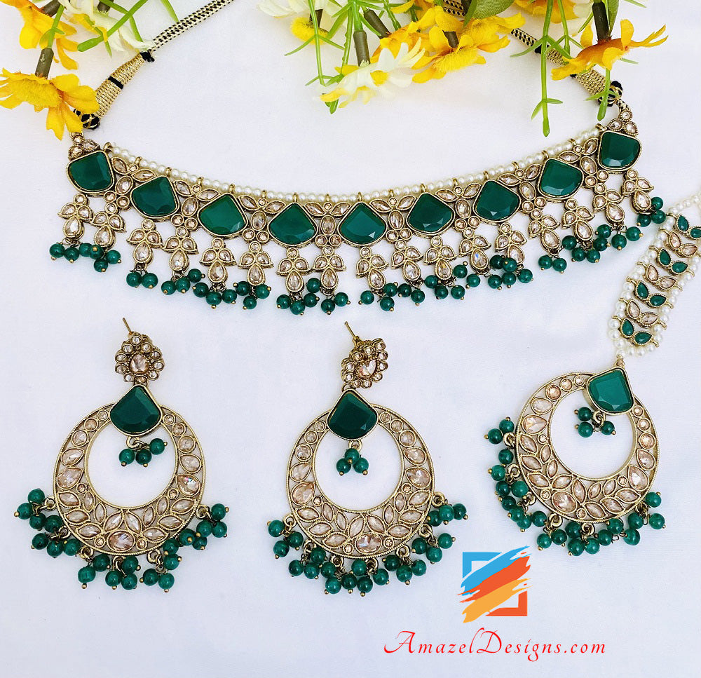 Green (Emerald) Monalisa Polki Necklace Earrings Tikka Set