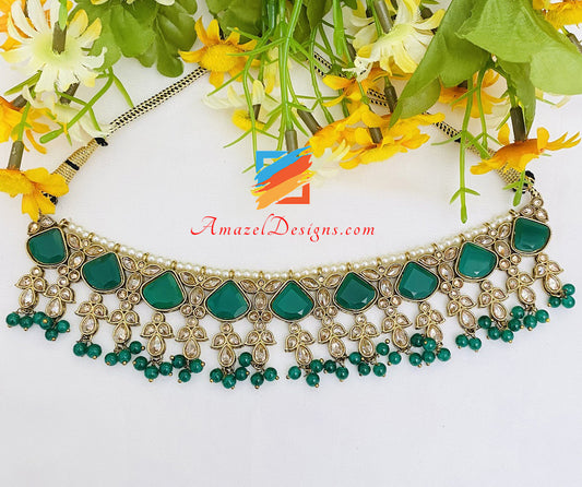Green (Emerald) Monalisa Polki Necklace Earrings Tikka Set