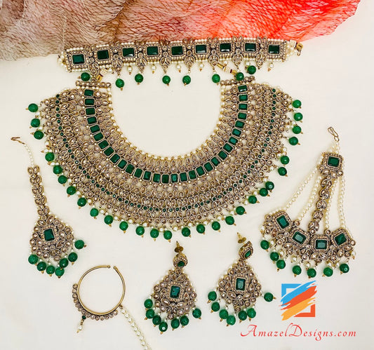Green (Emerald) Polki Necklace Choker Earrings Tikka Nath and Passa Set