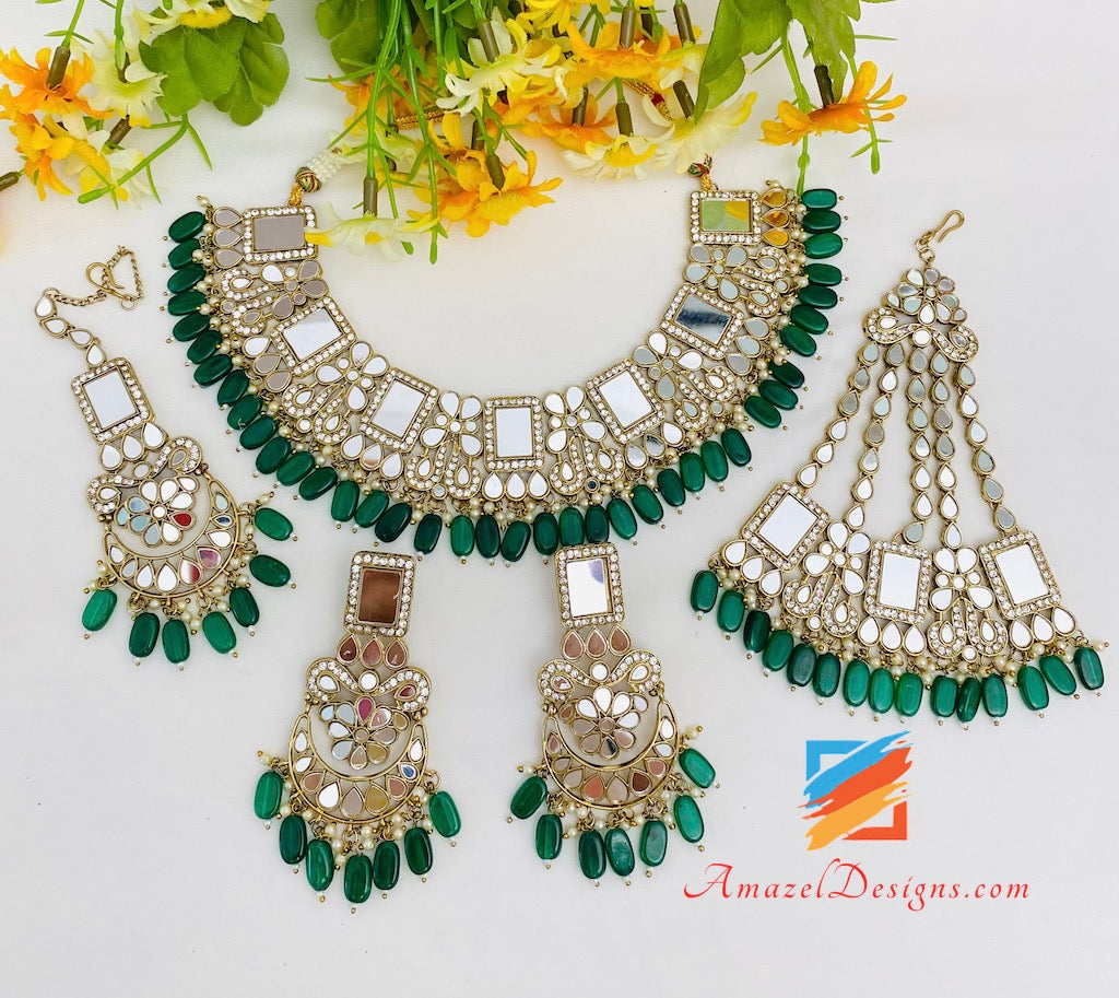 Green (Emerald) Sheesha Necklace Earrings Tikka and Jhoomer Set