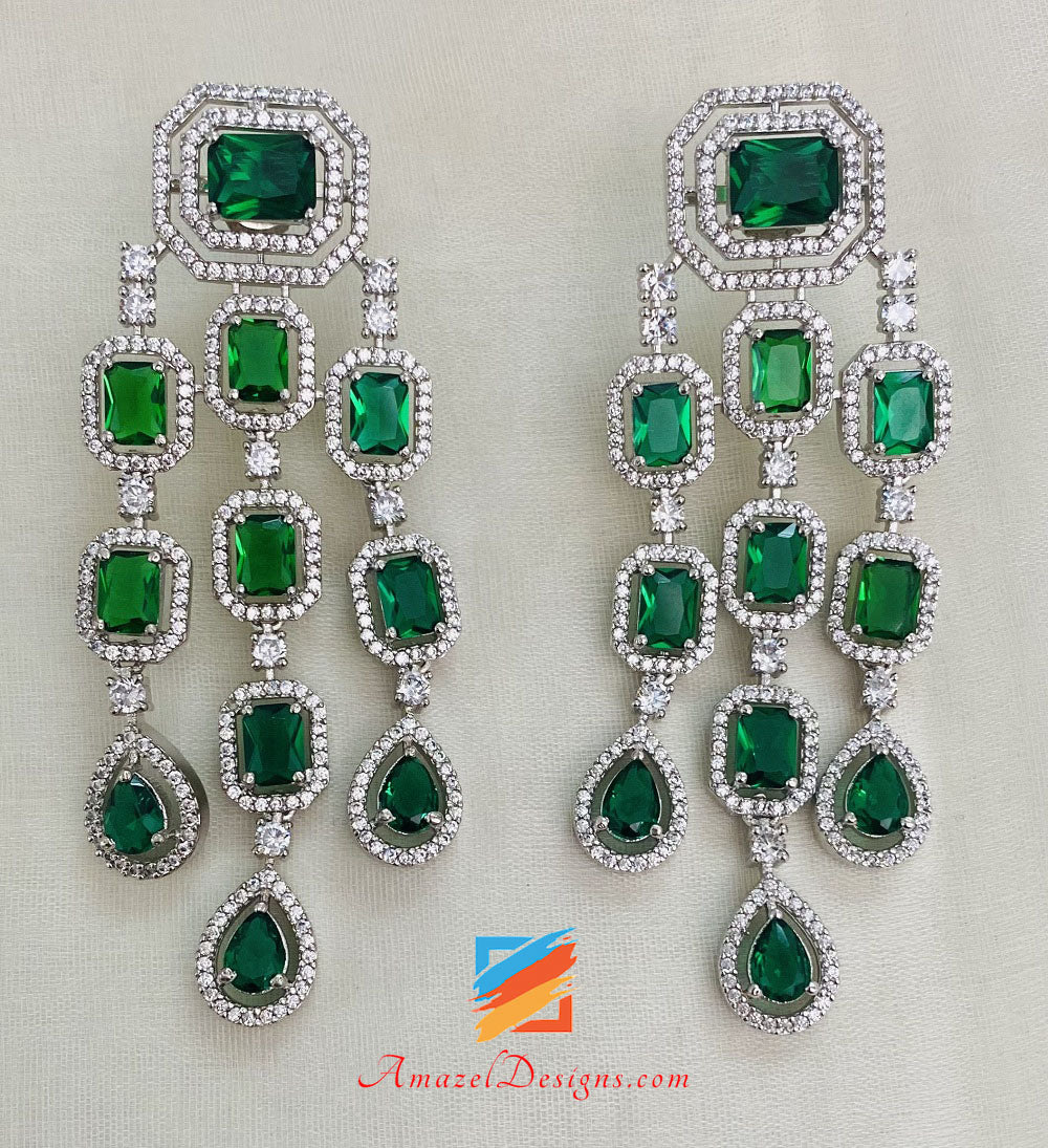 Green (Emerald) Silver American Diamond Earrings
