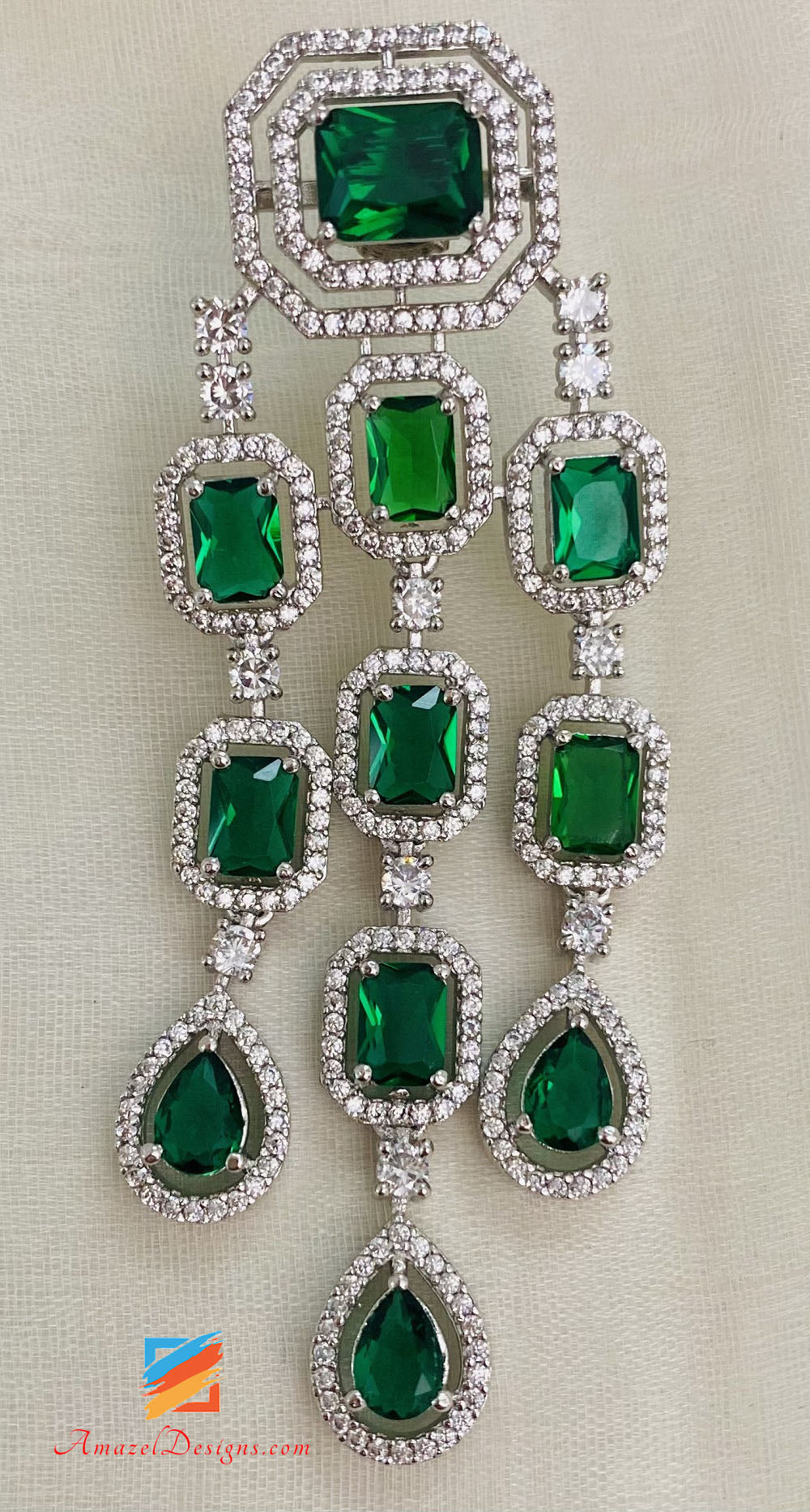 Green (Emerald) Silver American Diamond Earrings
