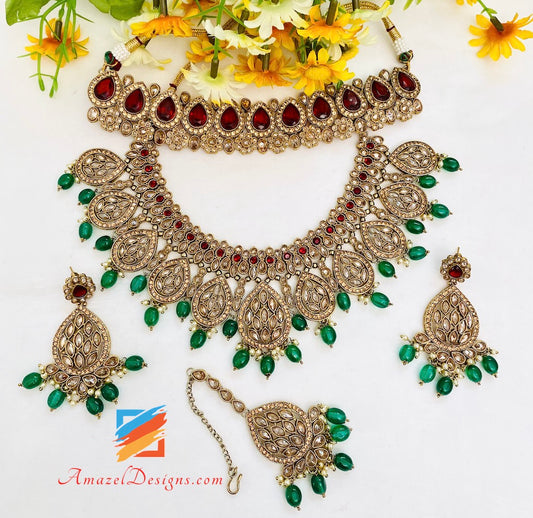 Green Maroon Polki and Stone Necklace Choker Earrings Tikka Set