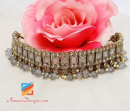 Grey Polki Choker Necklace Earrings Tikka Set