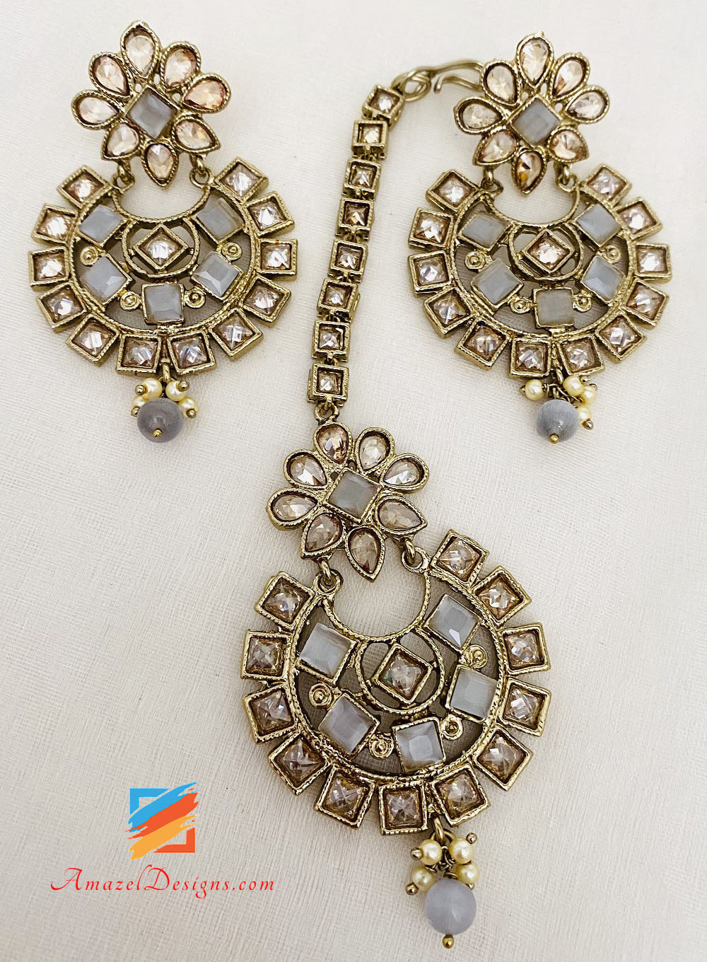 Grey Polki Choker Necklace Earrings Tikka Set