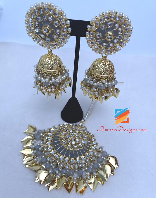 Grey Kundan Pippal Patti Jhumka Oversized Tikka Set