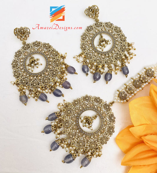 Grey Lightweight Pearl Jadau Polki Earrings Tikka Set