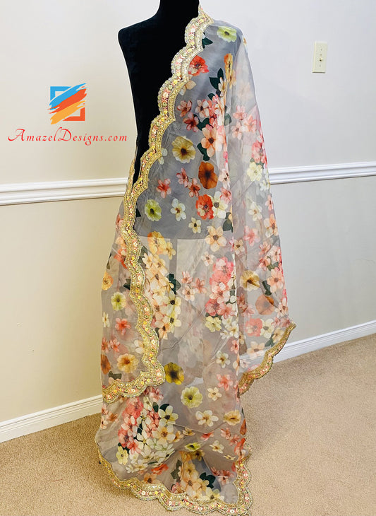 Grey Organza Printed Super Lightweight Duppatta With 4 Sided Cutwork