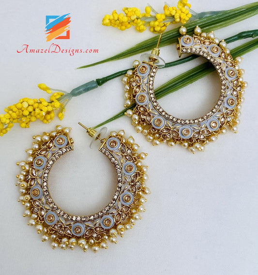 Grey Painted Pearly Polki Hoops