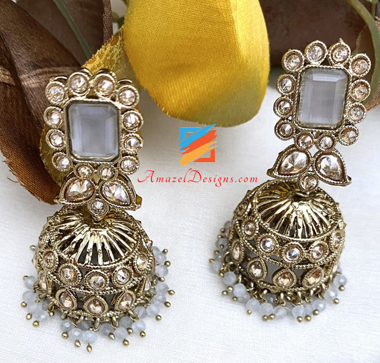 Grey Polki Choker Jhumki Earrings Tikka Set