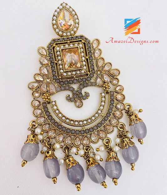 Grey Polki Earrings Tikka Set