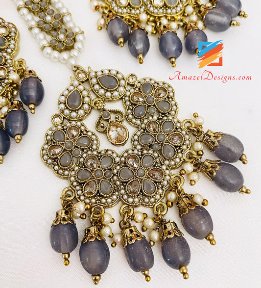 Grey Polki Earrings Tikka Set