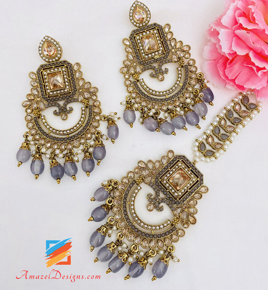 Grey Polki Earrings Tikka Set
