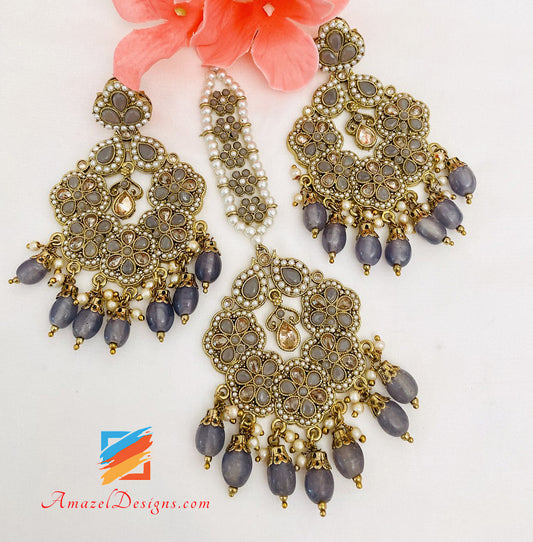 Grey Polki Earrings Tikka Set