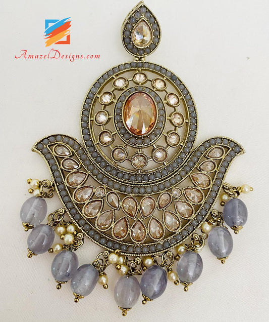 Grey Polki Oversized Earrings And Tikka Set