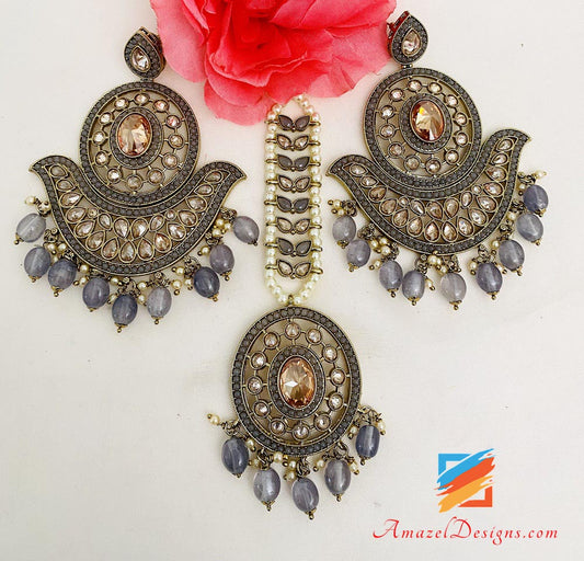 Grey Polki Oversized Earrings And Tikka Set