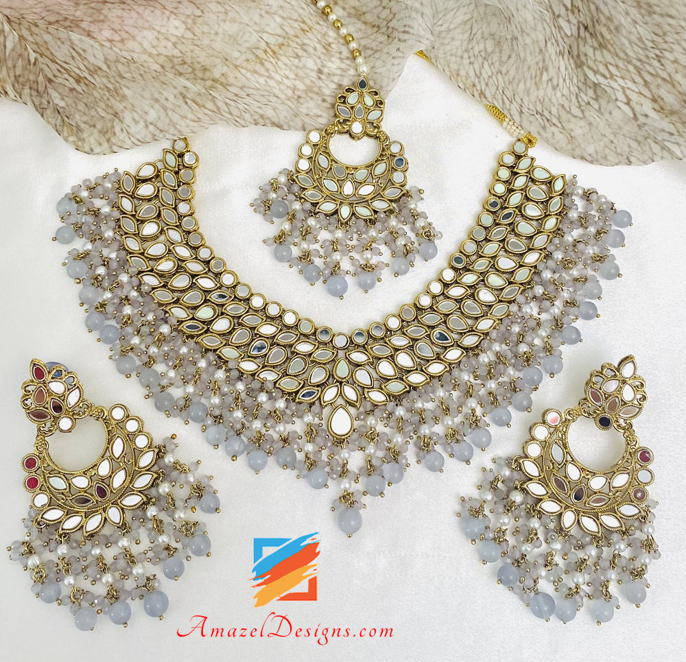 Grey Sheesha Lightweight Necklace Earrings Tikka Set