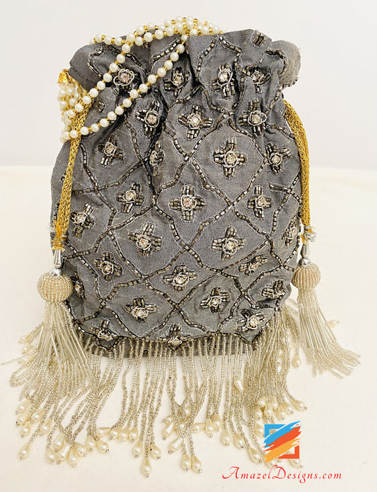 Grey Silver Both Side Crystals Nalki Work Hanging Beads Potli