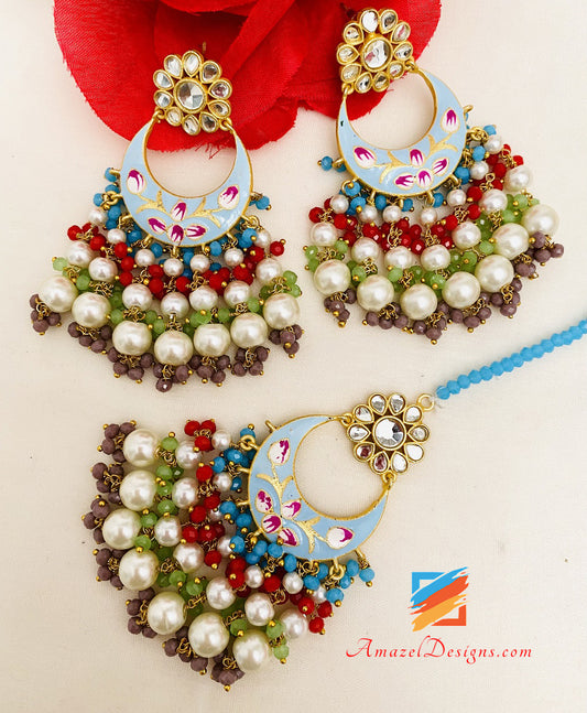 Hand Painted Meenakari Feroozi Earrings Tikka Set