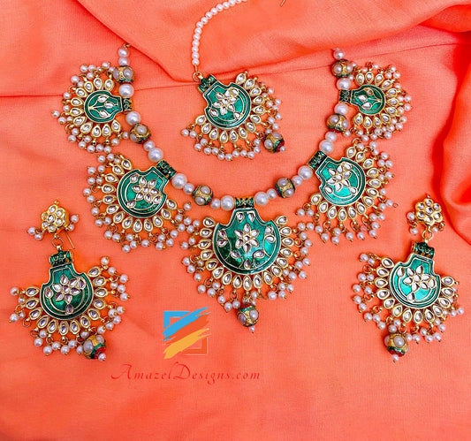 Hand Painted Kundan Green Emerald Jugni Necklace Earrings Tikka Set