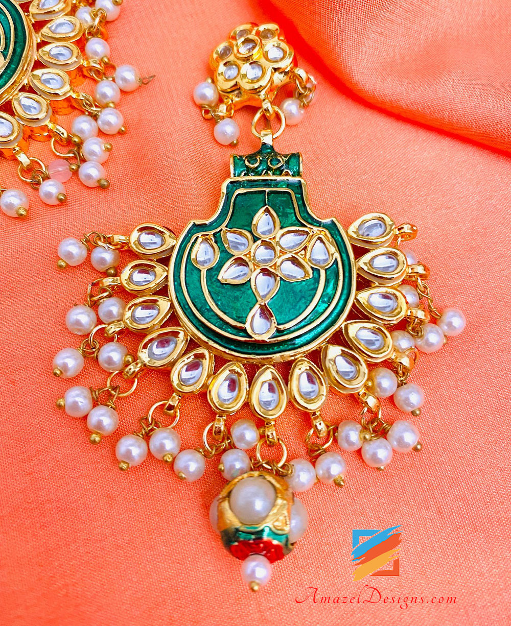 Hand Painted Kundan Green Emerald Jugni Necklace Earrings Tikka Set