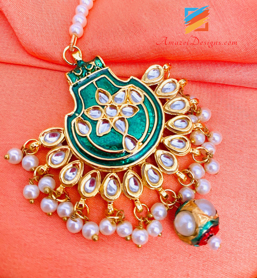 Hand Painted Kundan Green Emerald Jugni Necklace Earrings Tikka Set