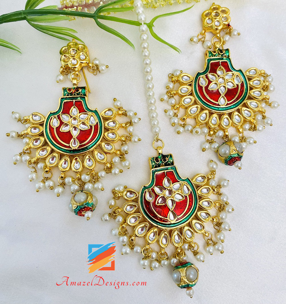 Hand Painted Kundan Maroon Green Jugni Necklace Earrings Tikka Set