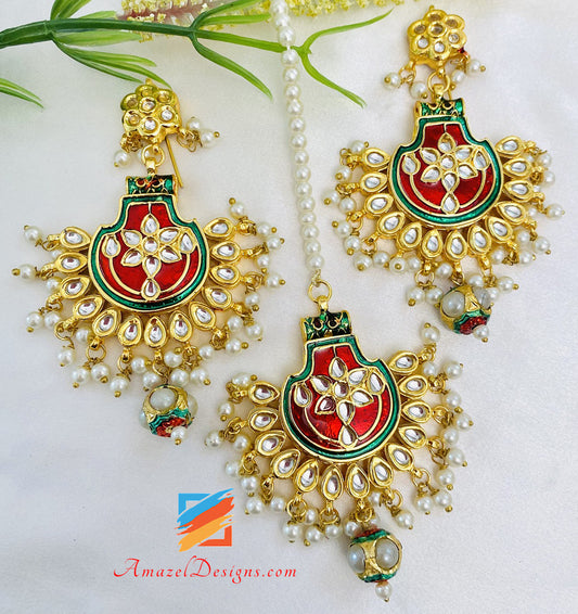 Dipinto a mano Kundan Maroon Green Jugni Collana Orecchini Tikka Set 