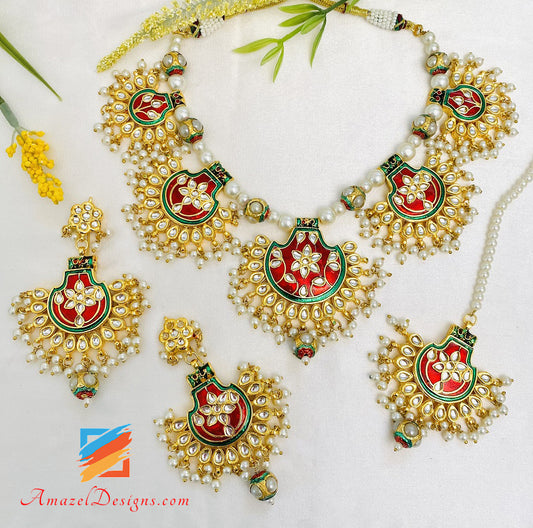 Hand Painted Kundan Maroon Green Jugni Necklace Earrings Tikka Set