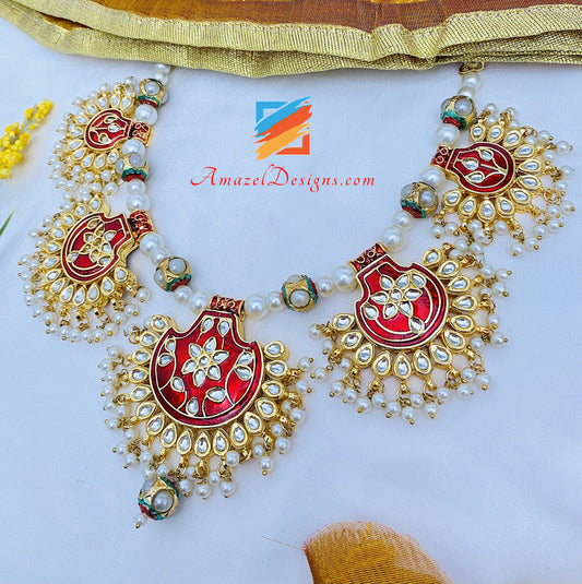 Handbemaltes Kundan Maroon Jugni Halskette Ohrringe Tikka Set 