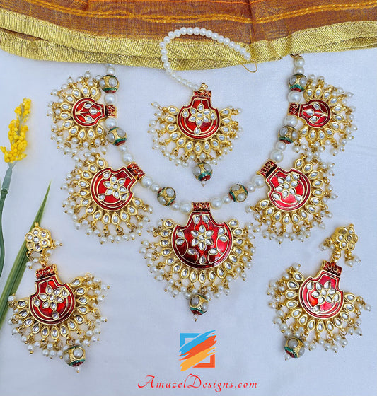 Handbemaltes Kundan Maroon Jugni Halskette Ohrringe Tikka Set 