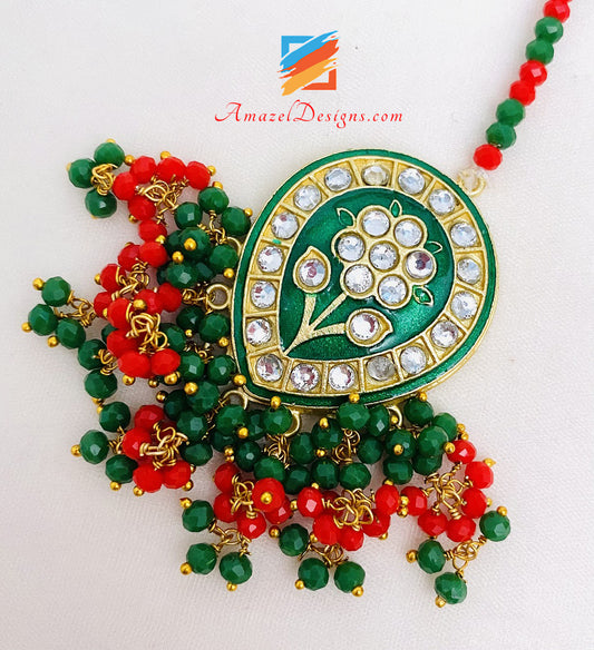 Hand Painted Meenakari Green Jhumka Earrings Tikka Set