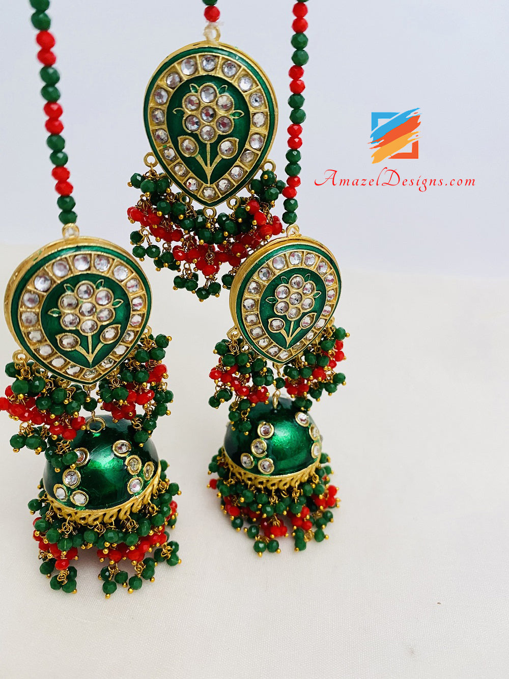 Hand Painted Meenakari Green Jhumka Earrings Tikka Set