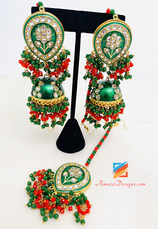 Hand Painted Meenakari Green Jhumka Earrings Tikka Set