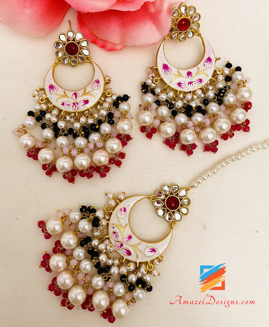 Hand Painted Meenakari White Pink Earrings Tikka Set