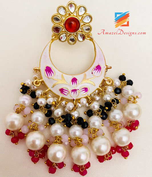 Hand Painted Meenakari White Pink Earrings Tikka Set