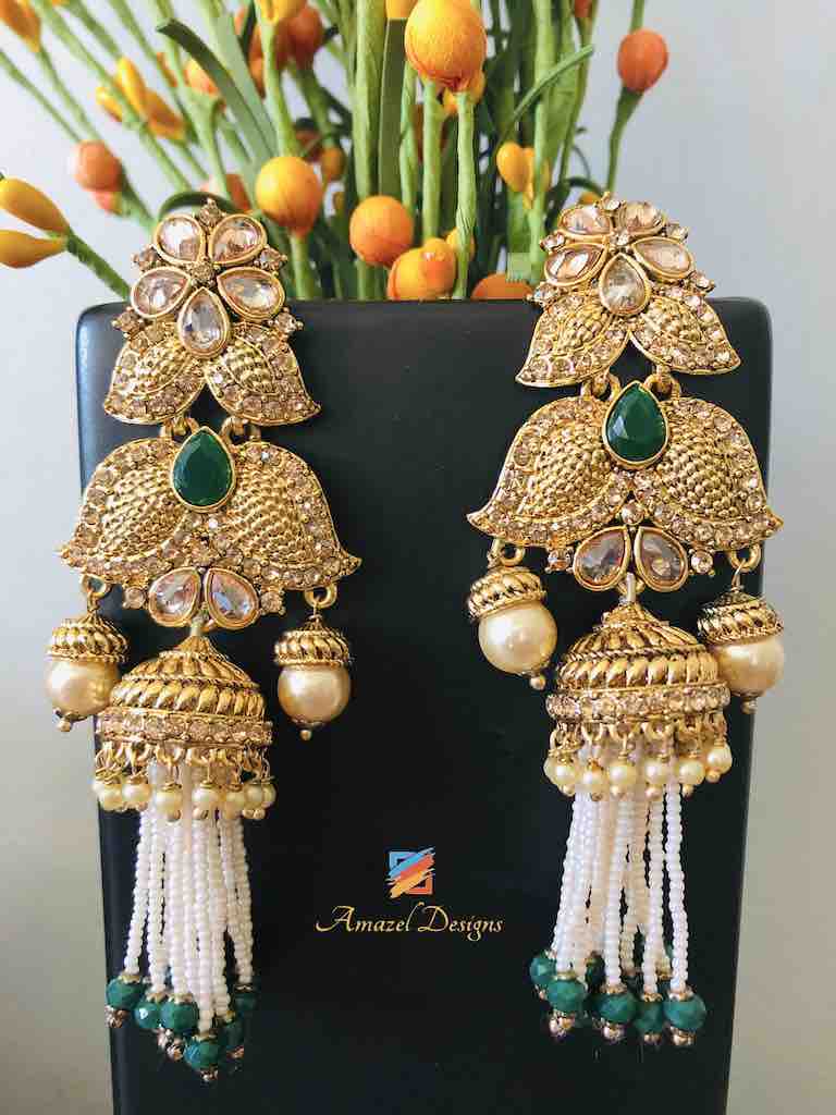 Hanging White and Green Beads Pearl Earrings